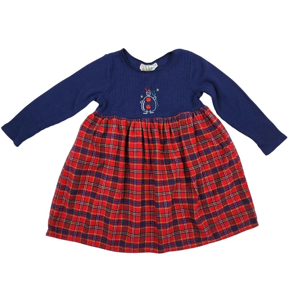PaperMoon 3T/4T Toddler Christmas Plaid Snowman Dress Red Blue Holiday Winter
